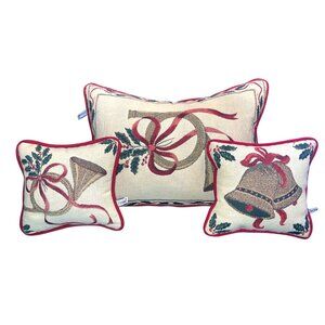 Vtg Riverdale Xmas Tapestry Embroidered Pillows Bells Horn Holly Metallic